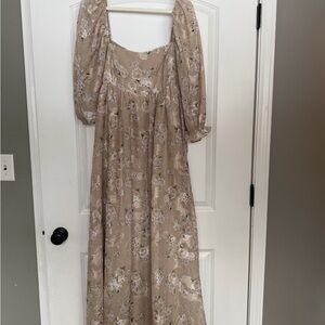 Chic Beige Floral Long Sleeve Dress